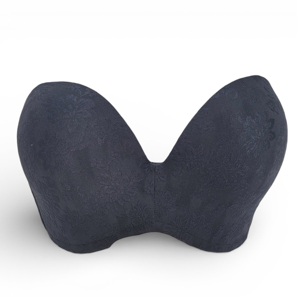 Strapless Bra 34E Black Floral Jacquard Padded Push Up Underwire‎ EUC Sexy